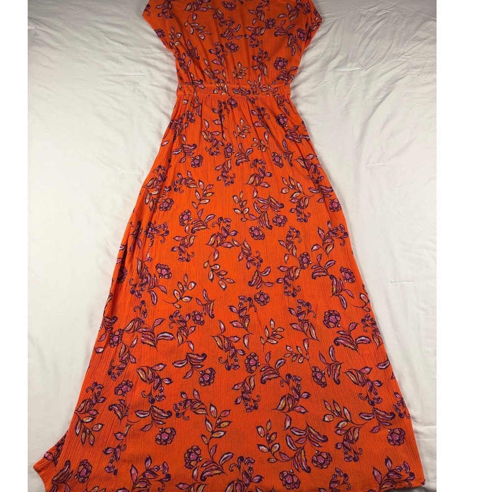 Timing Orange Floral Pleated Plissé Maxi Dress Womens V-Neck Boho Cap Sleeve - Picture 6 of 6
